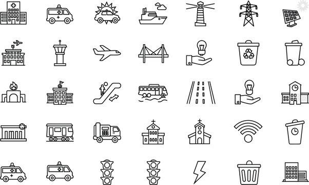 Urban Infrastructure and Public Service Line Icon Set Featuring Transportation Logistics Renewable Energy Buildings and Emergency Vehicles for Smart City Map Graphic DesignsUrban Infrastructure and Pu