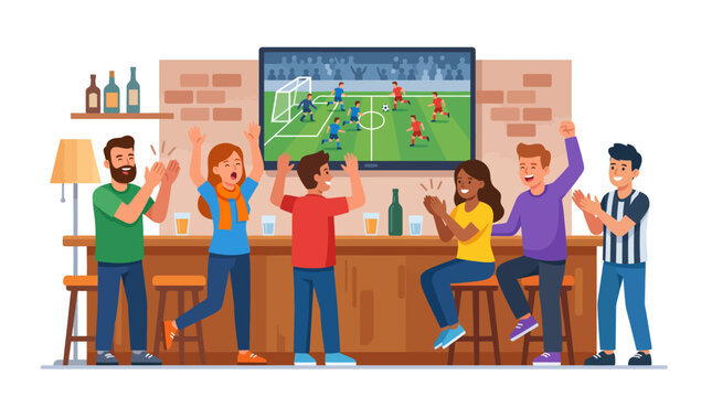 Friends cheer on their favorite team while watching a soccer match at a bar.