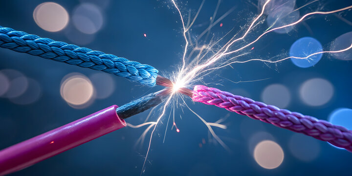 Blue and purple electrical wires touching creating bright lightning spark energy contact.