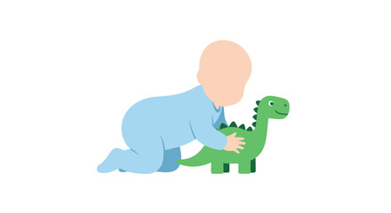 Fototapeta premium Baby Playing with Green Dinosaur Toy on White Background