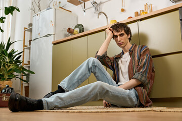 Fototapeta premium Androgynous young man embodies authenticity while enjoying a relaxed day at home