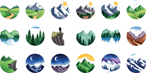 Mountain Landscape Circle Icon Vector Set Featuring Hiking Forest Wilderness Day and Night Themes for Camping and Outdoor Adventure Graphic DesignsMountain Landscape Circle Icon Vector Set Featuring H © Bijoy