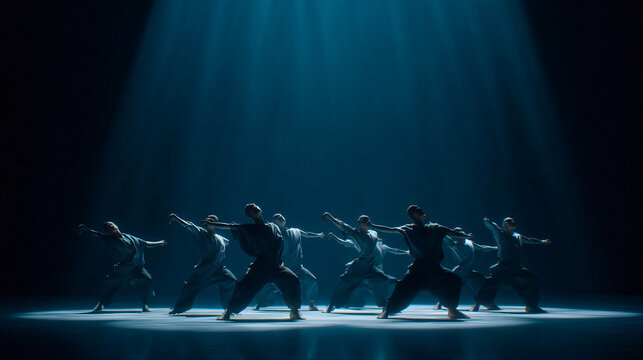 Dance Troupe in Motion: A unified dance troupe performs an energetic routine under a dramatic spotlight, showcasing synchronized movements and a powerful stage presence.