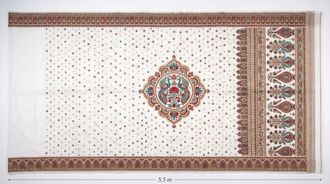 Traditional indian saree fabric with intricate floral and peacock motif