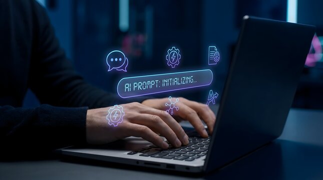 Person typing on laptop with ai prompt initializing and futuristic icons