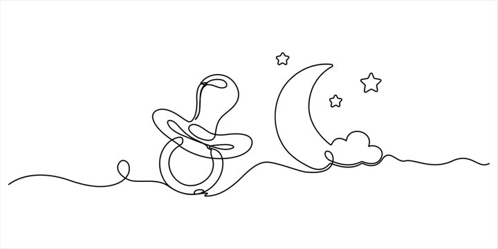 Baby pacifier with moon and Stara one line drawing 