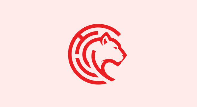 Modern red lion head logo design on pink background