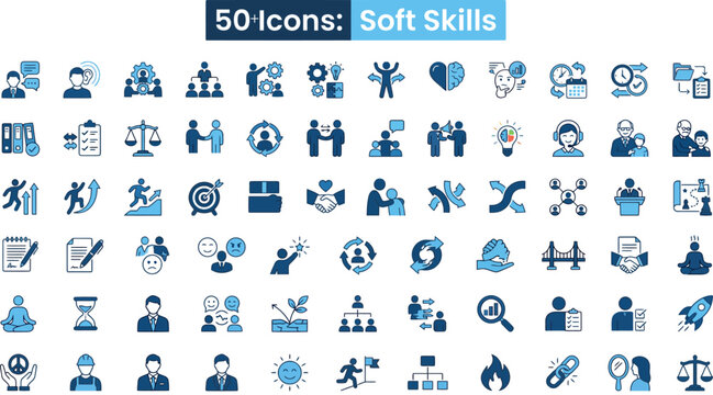 Soft skills icon set communication leadership teamwork and personal attributes