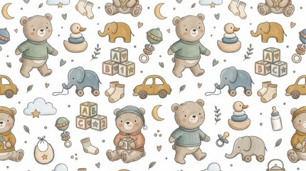 Fototapeta premium A delightful seamless pattern featuring watercolor bears, animals, and baby items for nursery use