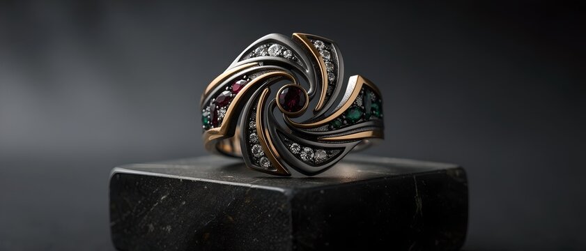 Whirlwind of Fortune: Black & Gold Spiral Diamond Ring 