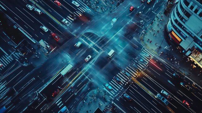 An aerial view of a busy city intersection at night with blurred light trails from cars.
