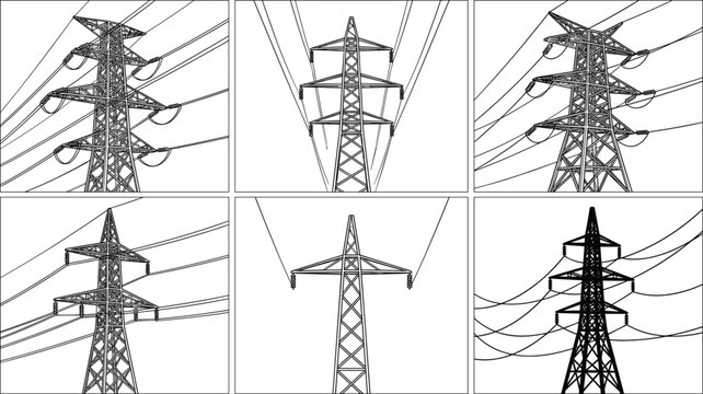 High Voltage Power Transmission Towers Collection with Overhead Electrical Lines and Utility Infrastructure Illustration