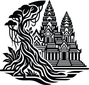A intricate stencil sketch showing the ancient stone temple of angkor wat alongside a stylized banyan tree in a visual manner.