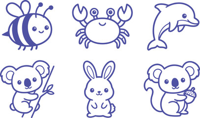 Fototapeta premium Cute animal icons with bee crab dolphin koala rabbit