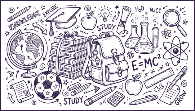 Education doodle set back-to-school supplies and scientific concepts