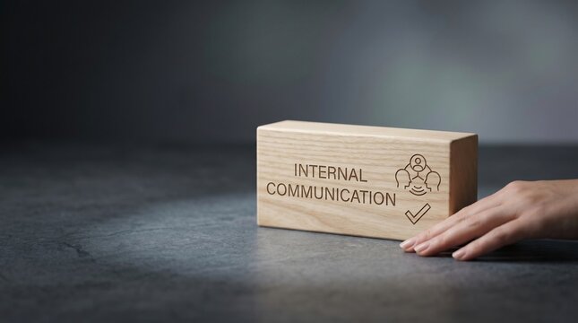 A hand touches a wooden block with internal communication text and icons on a dark surface to represent business strategy