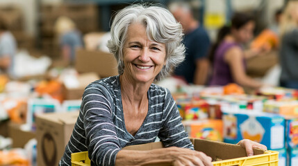 Fototapeta premium Volunteering at the Food Bank: Senior Woman Spreads Joyful Community Service and Charity Work