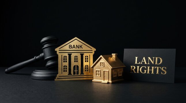 Land rights legal concept with gold house and bank models, judge gavel on black background, real estate law and property ownership litigation