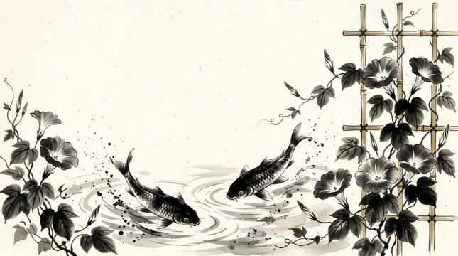 Ink illustration of two koi fish swimming with morning glory vines and a bamboo trellis