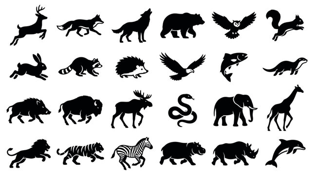 Collection of diverse animal silhouettes, showcasing a variety of wildlife in black and white, perfect for graphic design and nature themes