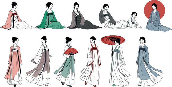 Traditional Chinese Hanfu Woman Character Element Set in Vintage Ink Sketch Style with Umbrella and Fan for Ancient Asian Culture DesignsTraditional Chinese Hanfu Woman Character Element Set in Vintag