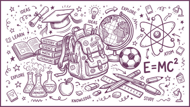 Education concept illustration with books, a globe, and scientific symbols