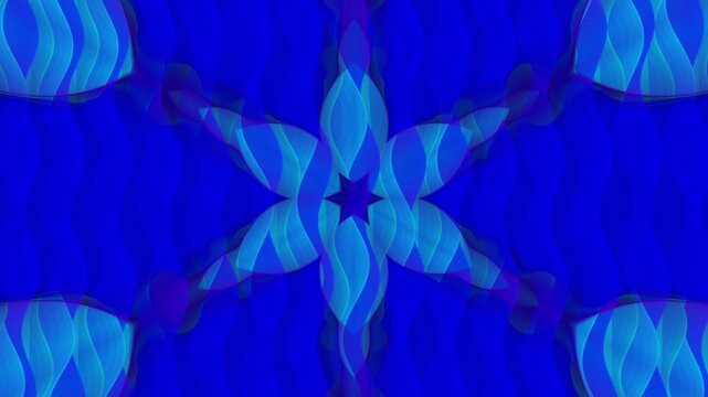 Rich blue translucent waves overlap in a symmetrical geometric arrangement, forming luminous floral contours, layered gradients, and elegant visual depth with smooth motion.