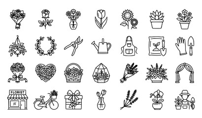 Obraz premium Florist Line Vector Icons Editable Stroke Floral Collection