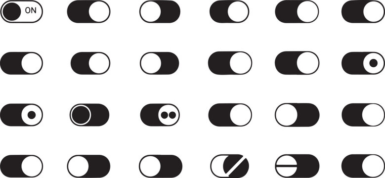 Set of toggle switch buttons in different positions and styles for user interface design