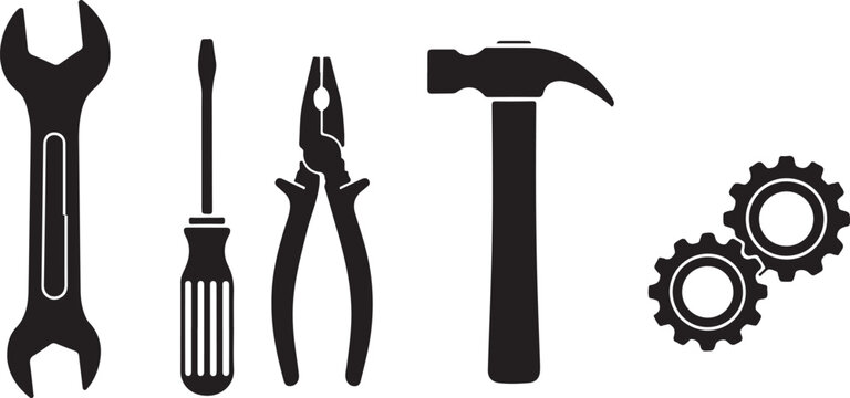 Set of tools for fixing and building things  wrench screwdriver pliers hammer gears