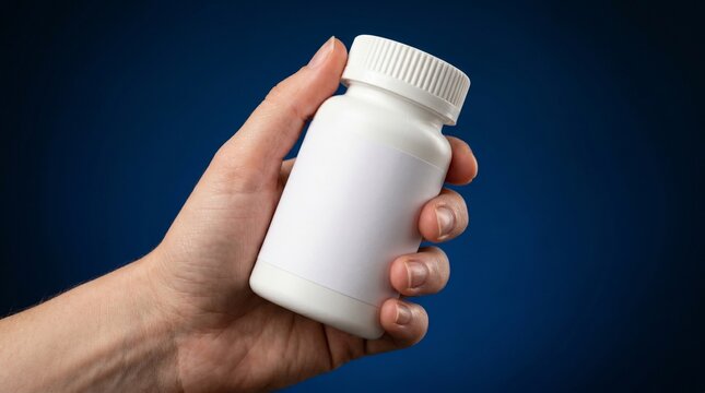 Hand Holding White Prescription Pill Bottle with Blank Label Against Blue Background