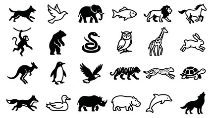 Fototapeta premium Collection of black and white animal silhouettes, showcasing a diverse range of creatures from mammals and birds to reptiles and marine life in a graphic style