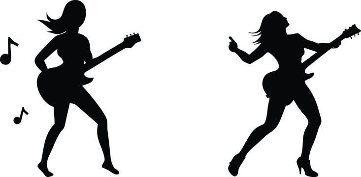 Female guitarist playing electric guitar with musical notes in silhouette vector illustration for music design.