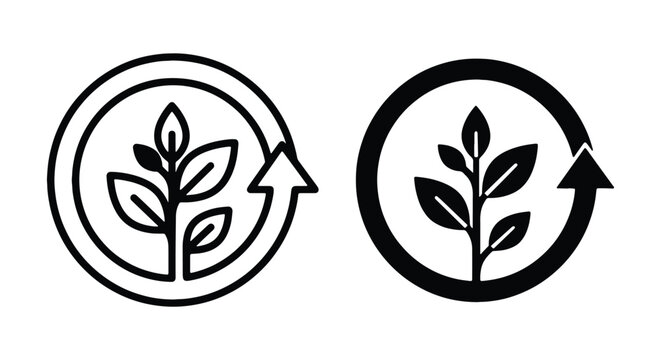 Set of two ecofriendly icons with a plant inside a circular arrow, representing sustainability, recycling, and organic growth