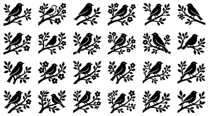 Fototapeta premium A charming collection of black and white bird silhouettes perched on branches with delicate floral elements, creating a whimsical and nature-inspired graphic design
