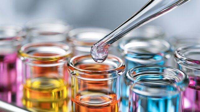 Macro view of precise pipetting of translucent plant protein mixture into test tubes on a polished stainless steel bench featuring bright highkey light and outoffocus colorful