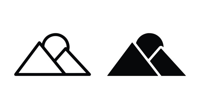 Mountain landscape icon with sun, simple vector illustration of mountain peaks and sun, outdoor adventure symbol, flat design style