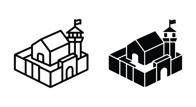 Isometric prison or fortress icon set, vector illustration of a guarded building with a watchtower and surrounding wall