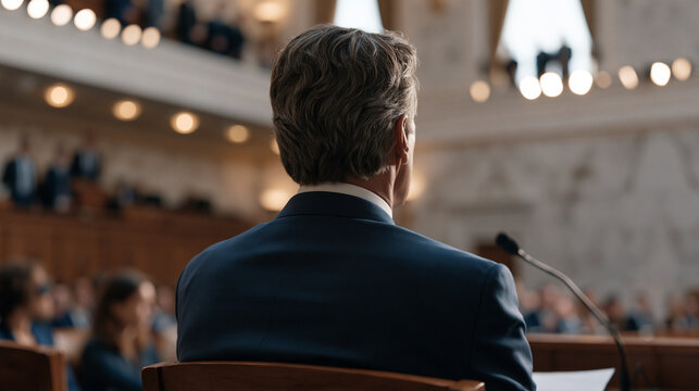 Congressional witness room fills with tension as aide slides written statement to testifying official at microphone, senators consulting staff members on elevated dais above,