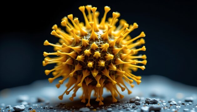 The image depicts a highly detailed, close up view of a virus particle with a spherical core covered in numerous spike like structures protruding outward
