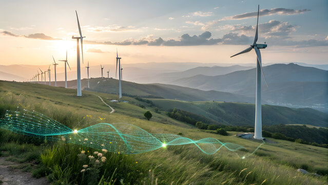 Wind farm with a view of the mountains at sunset with digital data flow connections.