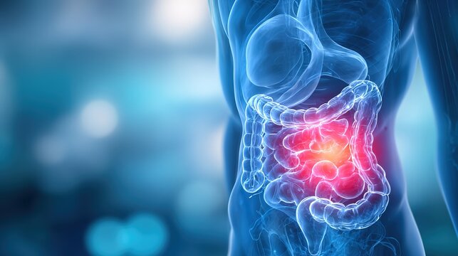 Detailed 3D medical illustration of inflamed human appendix with acute appendicitis, anatomical cross-section view showing swollen organ, inflammatory tissue and abdominal intestinal structure 