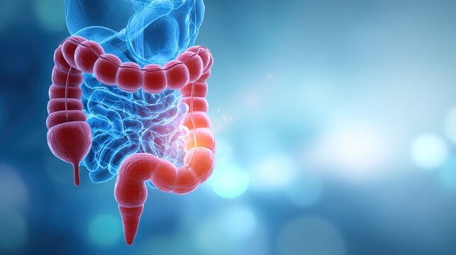 Detailed 3D medical illustration of inflamed human appendix with acute appendicitis, anatomical cross-section view showing swollen organ, inflammatory tissue and abdominal intestinal structure 