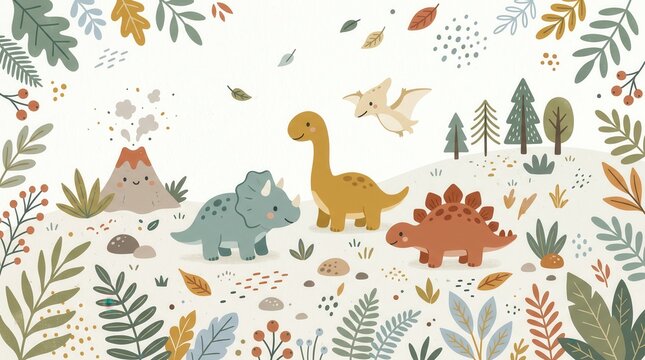Cute dinosaurs explore a colorful primeval world with a gentle volcano and green plants