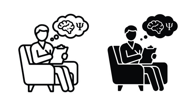 Psychologist sitting in an armchair with a clipboard and a thought bubble containing a brain and a psi symbol