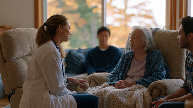 Palliative care nurse practitioner kneeling beside a recliner chair to speak quietly with a terminally ill grandmother, adult children seated around the living room of a modest