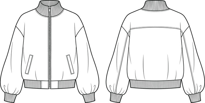 Bomber Jacket Technical Fashion Template Front and Back View Line Art Apparel Design Illustration