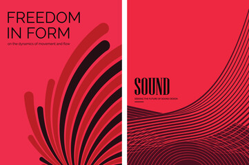 Fototapeta premium Abstract fluid vector poster set with bold rounded curved strokes and thin flowing contour lines, dynamic wave patterns with movement and flow effect, modern graphic for editorial and wall art