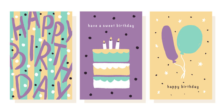 Set of greeting cards for birthday celebration. Hand drawn trendy cartoon cake, happy birthday lettering. Vector illustration