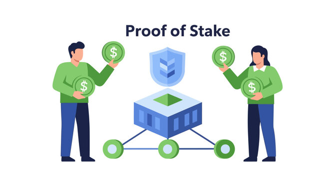 Proof of Stake Cryptocurrency Illustration: People Staking Coins for Blockchain Security and Passive Income